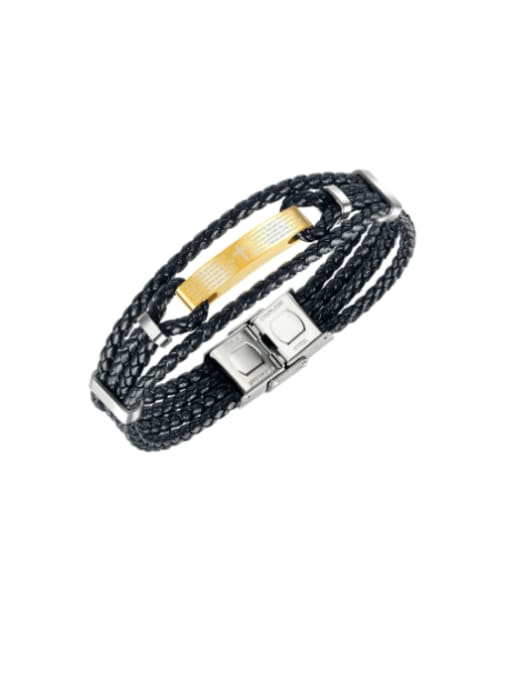 [1439] gold leather bracelet Titanium Steel Leather Geometric Vintage Strand Bracelet